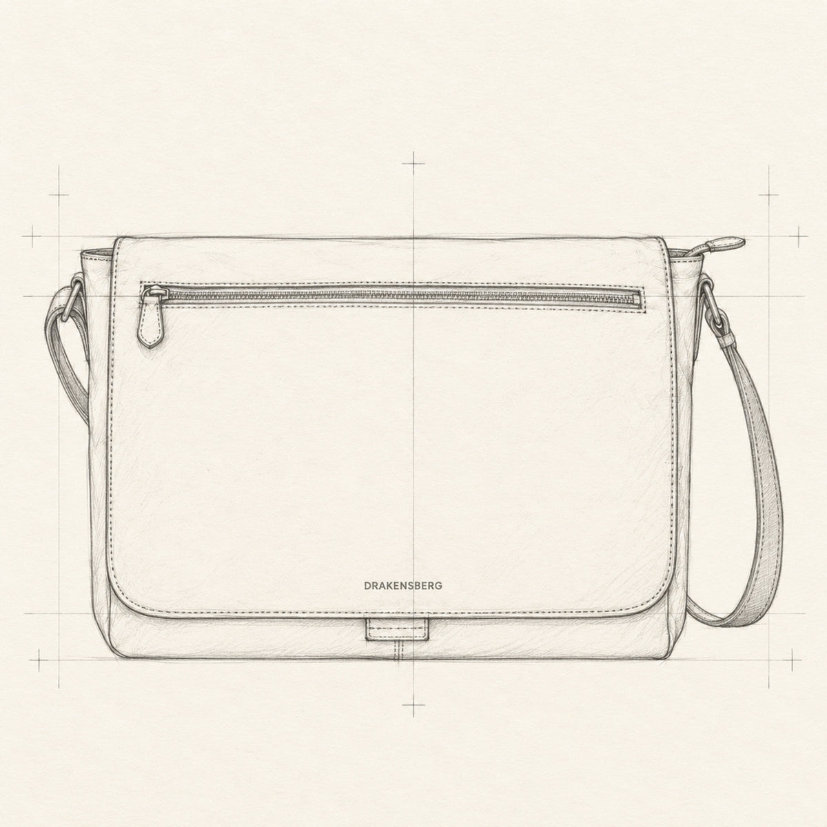 Konstruktionszeichnung der Messenger Bag Leon mit Frontfach und Schultergurt