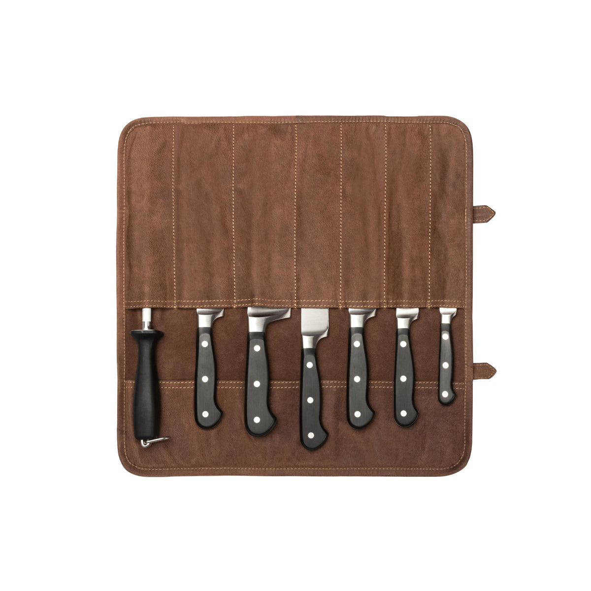 Trousse Blade Marron Havane ouverte, avec sept compartiments garnis de couteaux