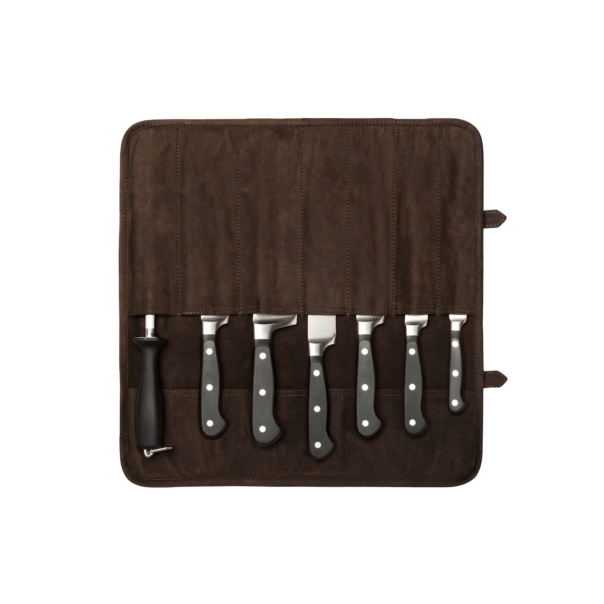 Trousse Blade Marron Café ouverte, avec sept compartiments garnis de couteaux