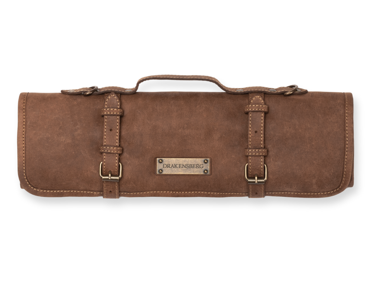 Eingerollte Messertasche Blade mit Tragegriff, verstellbaren Lederriemen und seitlichen Ösen