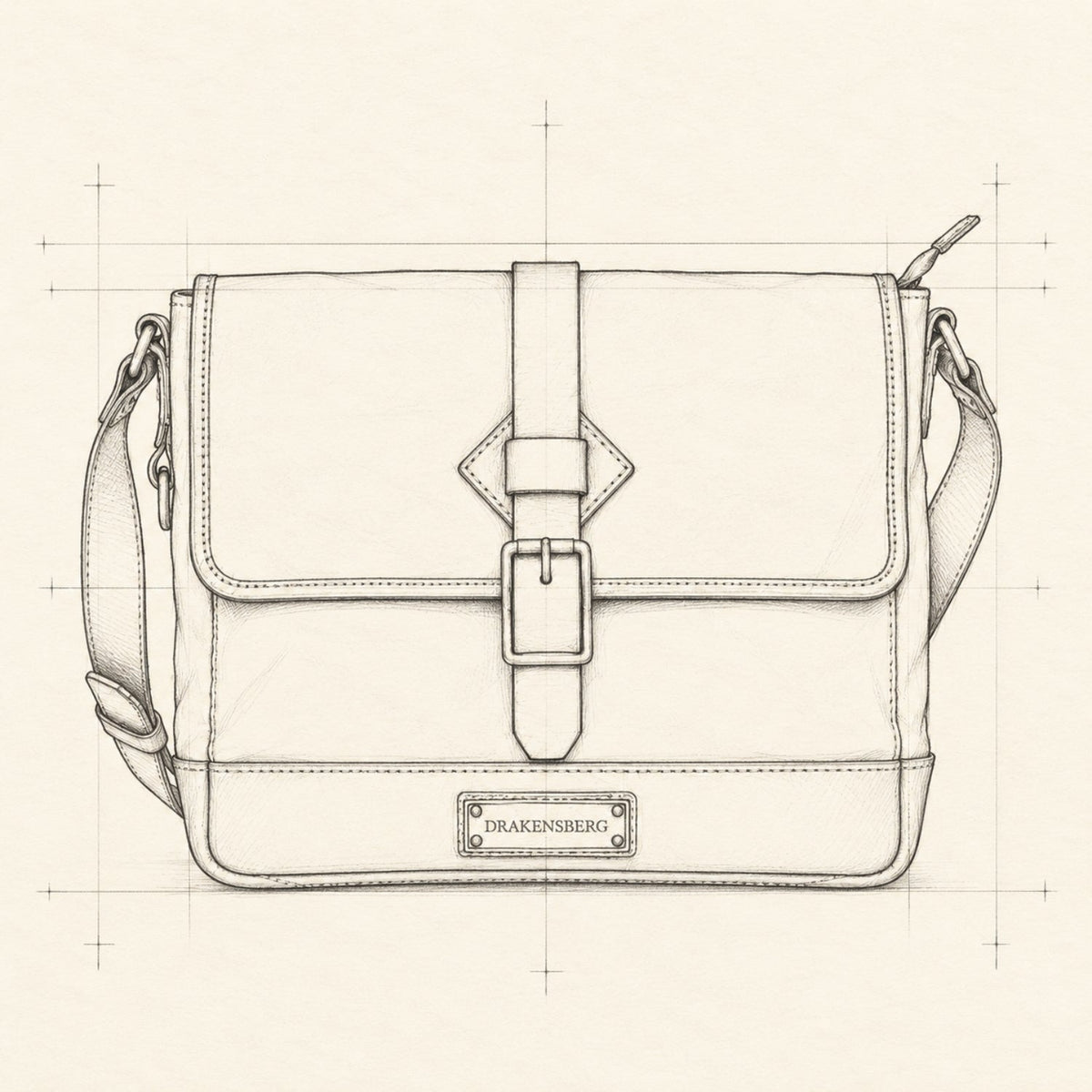 Dessin de construction du sac bandoulière Nate avec rabat, bandoulière et lignes de construction