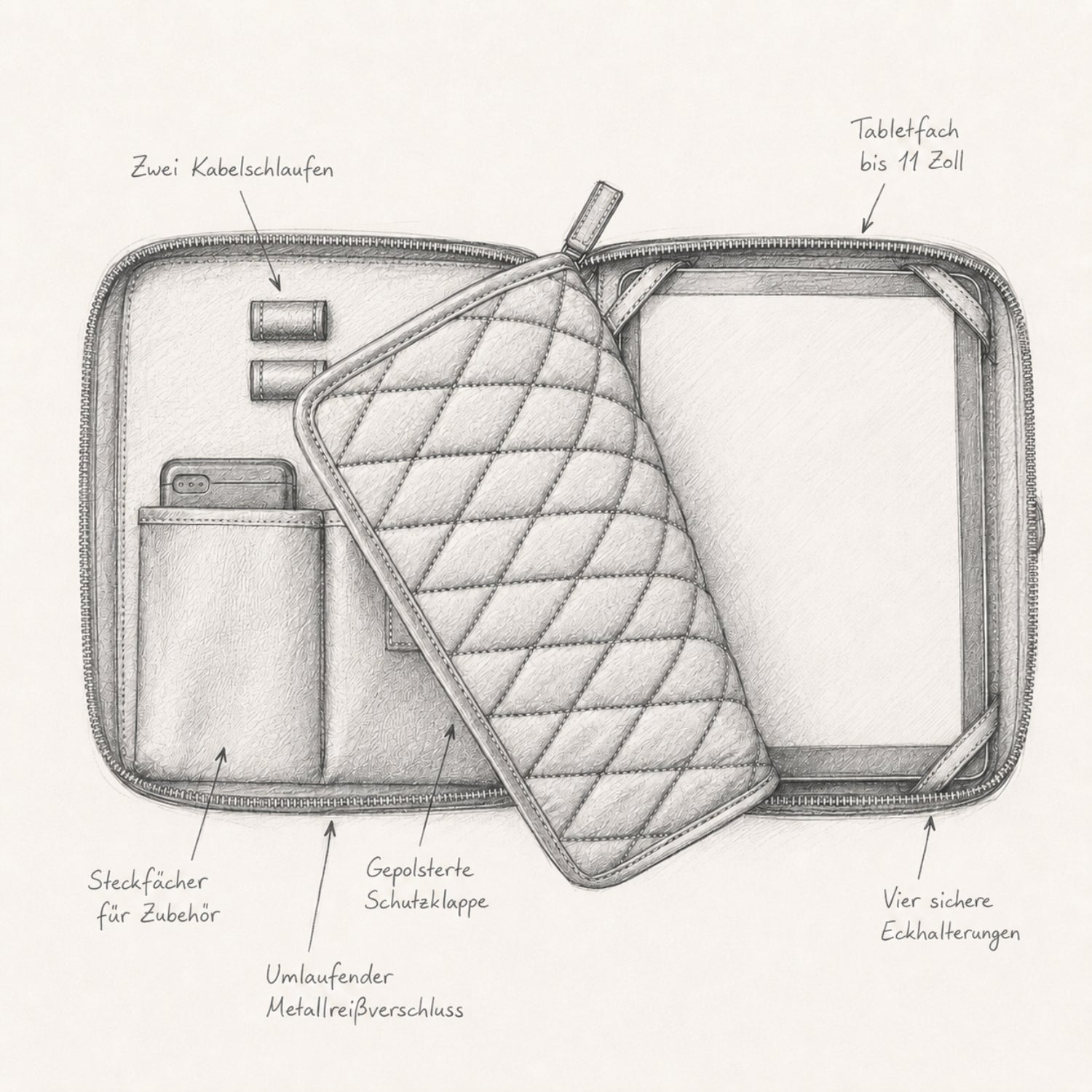 Technical drawing of the Nolan tablet bag with tablet compartment, interior pockets and holders