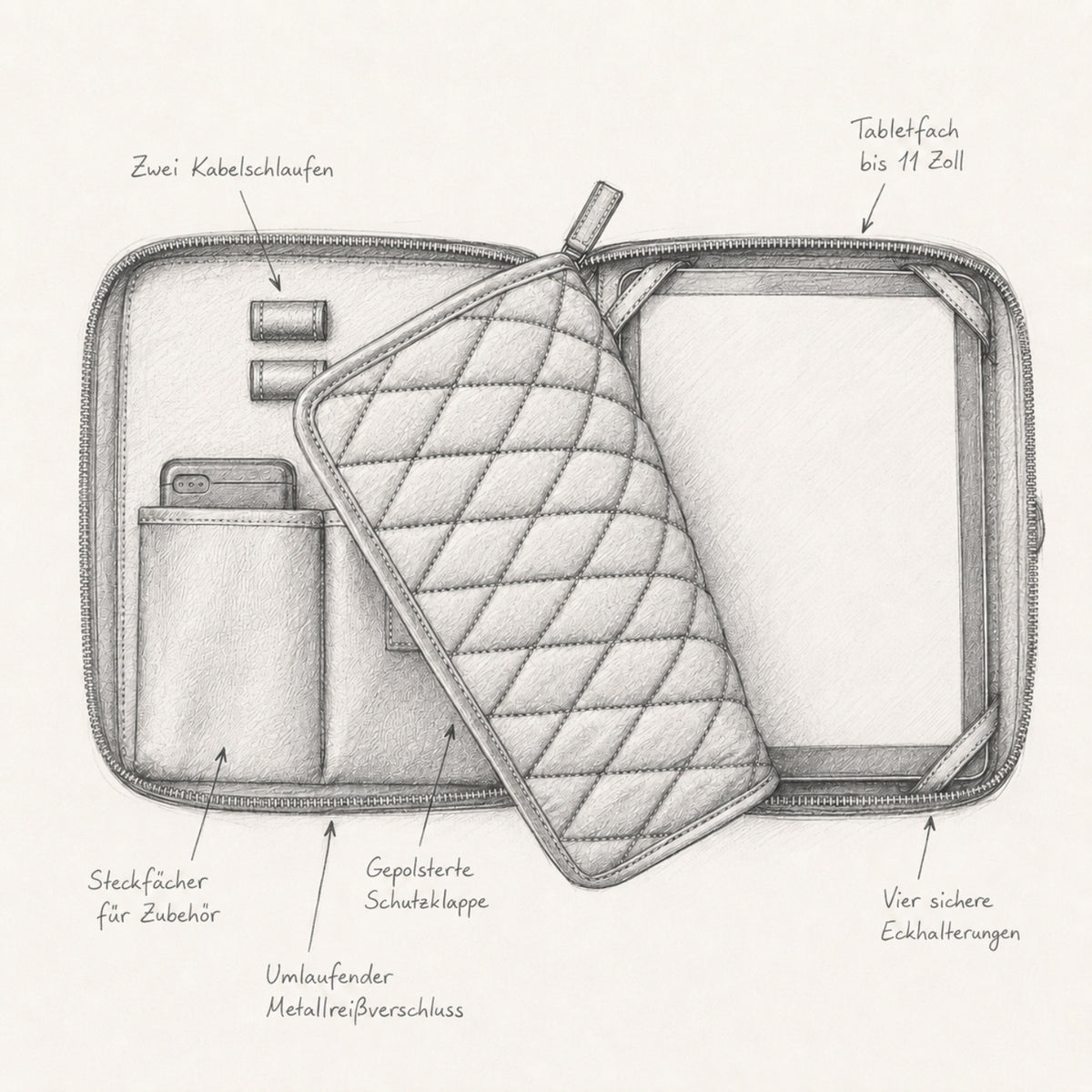 Technische Zeichnung der Tablet-Tasche Nolan mit Tabletfach, Innentaschen und Halterungen
