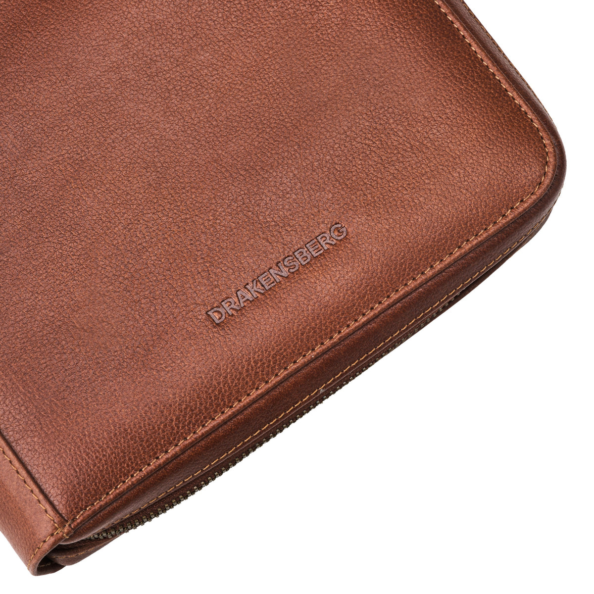 Textured buffalo leather with DRAKENSBERG embossing on Nolan in Chestnut Brown