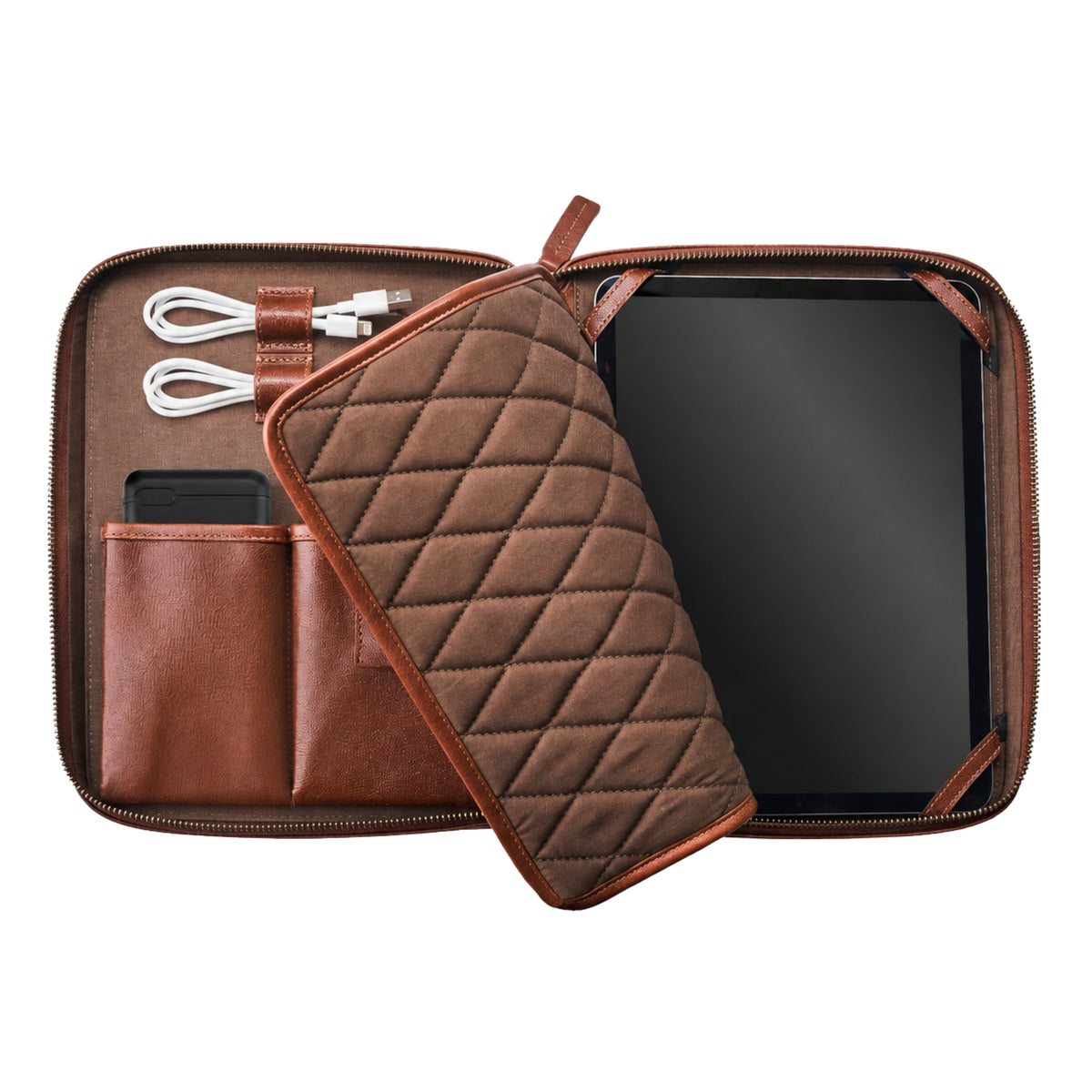 Open Nolan tablet bag in Chestnut Brown buffalo leather with tablet, smartphone, pens and accessories
