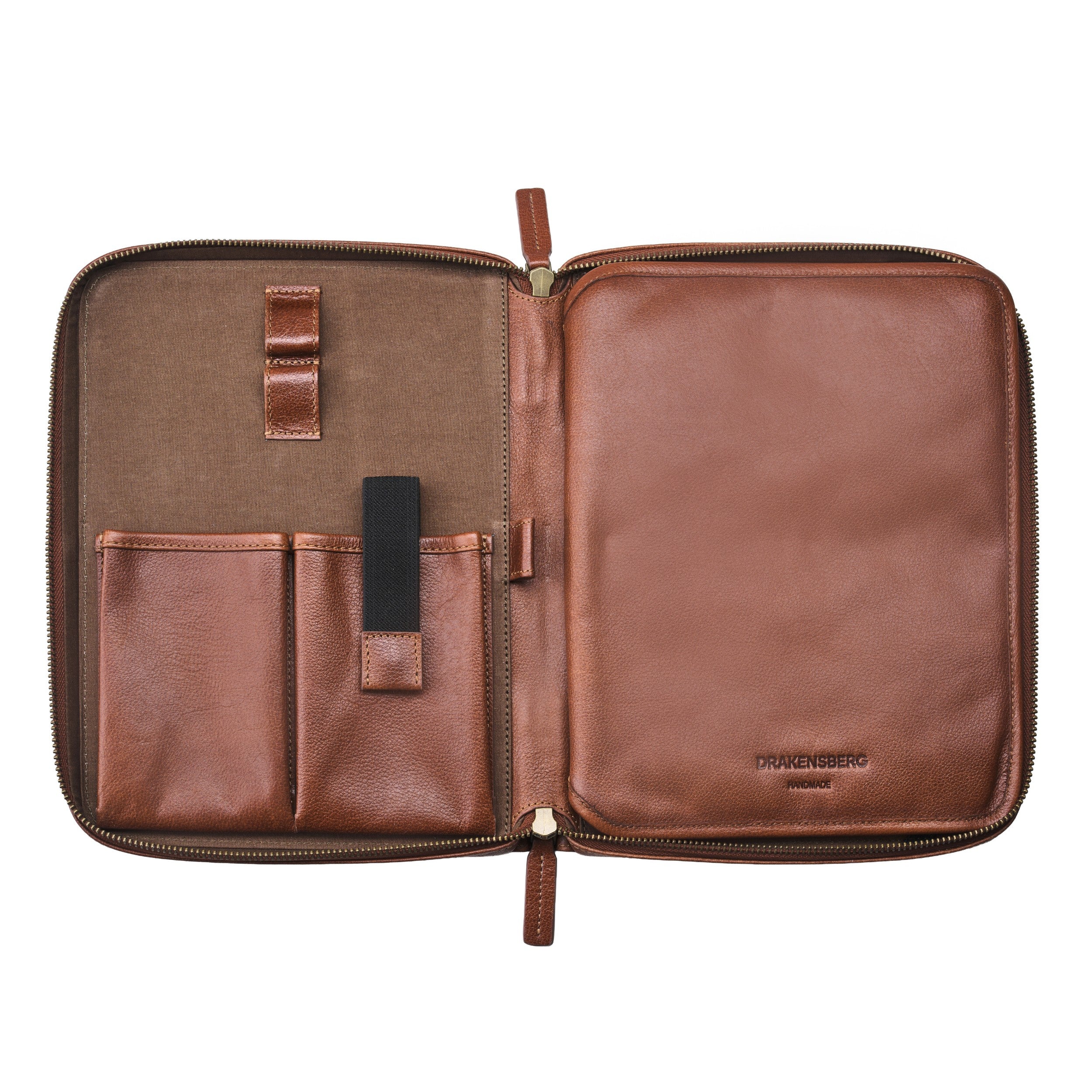Open Nolan tablet bag in Chestnut Brown buffalo leather with tablet compartment, interior pockets and holders