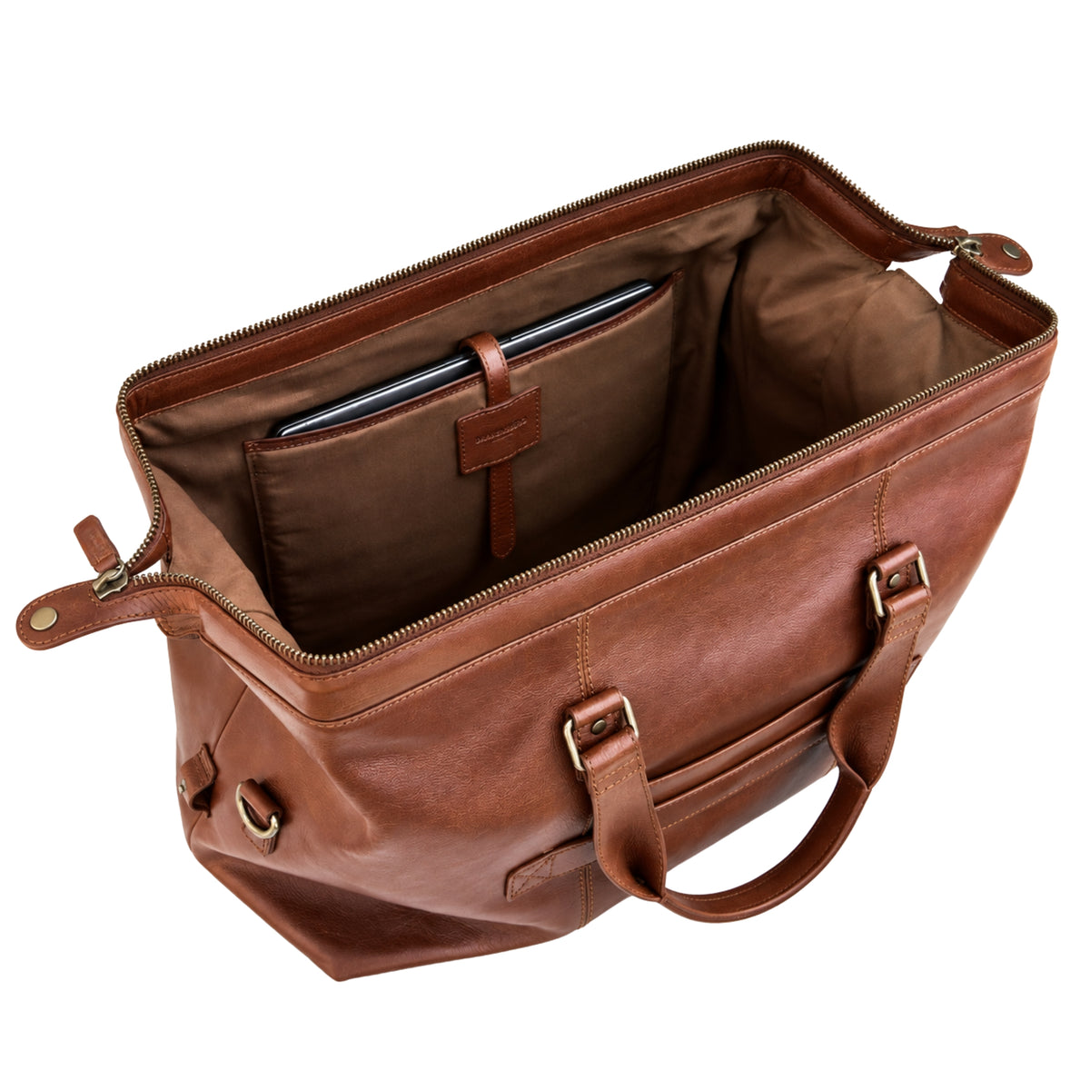 Open Enzo travel bag in Chestnut Brown with laptop compartment inside
